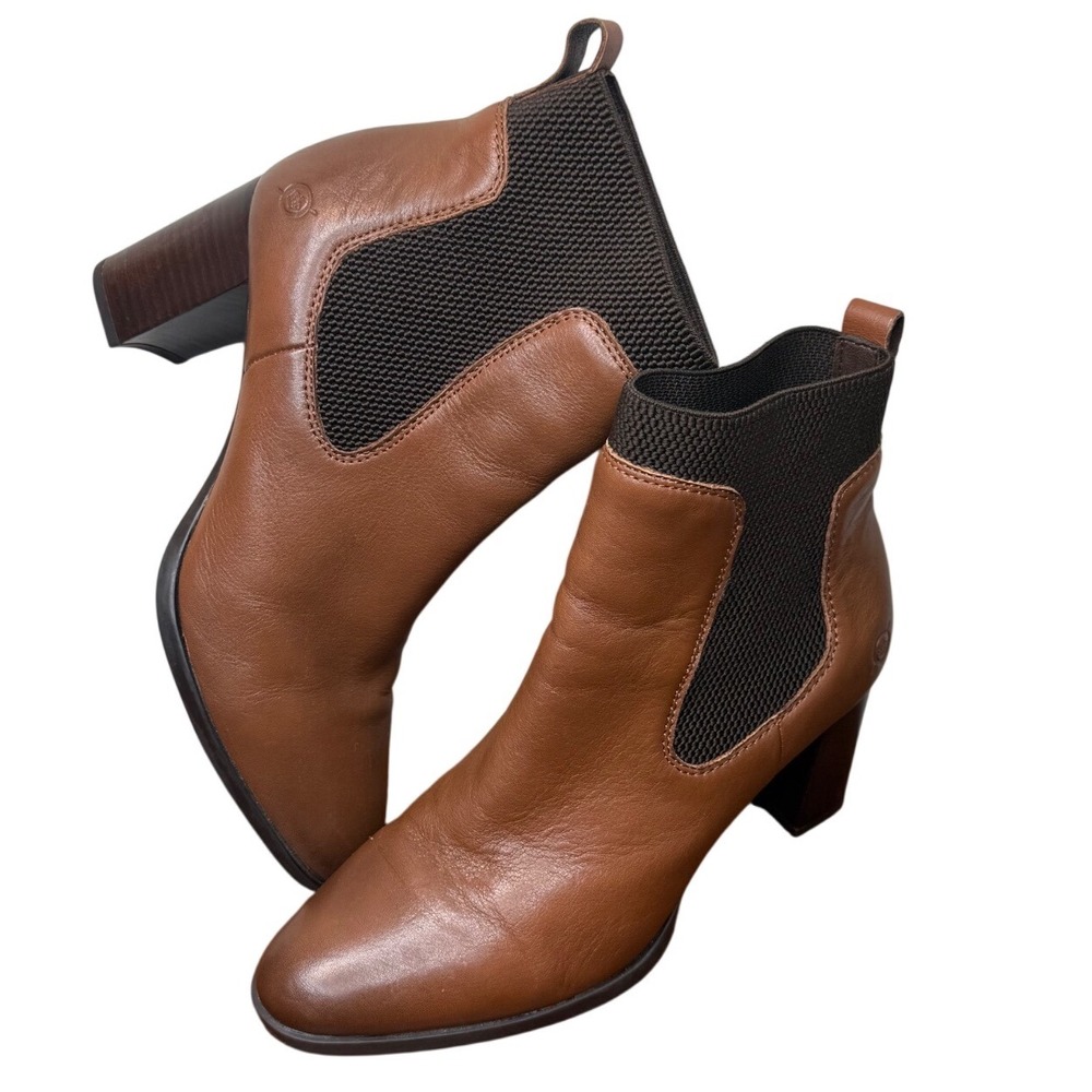 Born Brown Leather Chelsea Ankle‎ Boots Stacked Block Heel Almond Toe Size 8